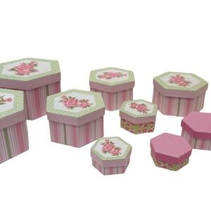 NEW Floral Hexagonal Storage Nesting Box Set - Pink and Green